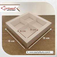 [4 Bölmeli, Duvarlı] 15x15x3 Altı Beyaz Karton Üstü Asetat Kutu