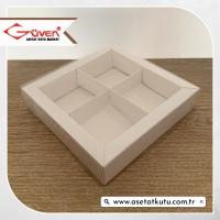 [4 Bölmeli, Duvarlı] 15x15x3 Altı Beyaz Karton Üstü Asetat Kutu
