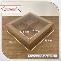 [4 Bölmeli, Duvarlı] 15x15x3 Altı Kraft Karton Üstü Asetat Kutu