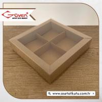 [4 Bölmeli, Duvarlı] 15x15x3 Altı Kraft Karton Üstü Asetat Kutu