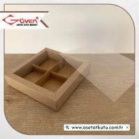 [4 Bölmeli, Duvarlı] 15x15x3 Altı Kraft Karton Üstü Asetat Kutu