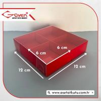 [4 Bölmeli] 12x12x3 Altı Kırmızı Karton Üstü Asetat Kutu