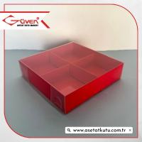 [4 Bölmeli] 12x12x3 Altı Kırmızı Karton Üstü Asetat Kutu