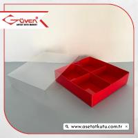 [4 Bölmeli] 12x12x3 Altı Kırmızı Karton Üstü Asetat Kutu