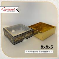 [Desen #1] 8x8x3 Altı Gold Metalize Karton, Üstü Kabe Temalı Asetat Kutu