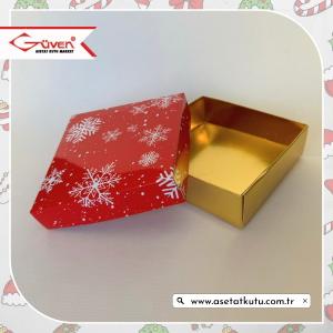 10x10x3 Tabanı Gold, Kapağı Kar Taneli Karton Kutu