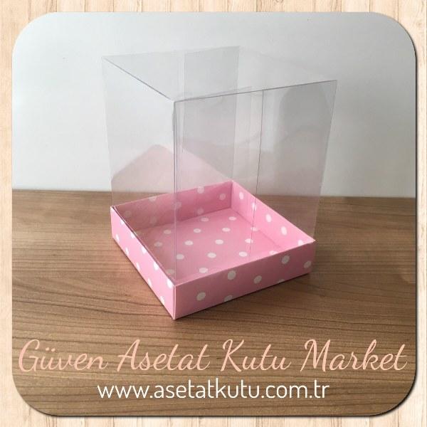 12x12x15 Altı Pembe Zemin Beyaz Puantiyeli Karton, Üstü Asetat Kutu