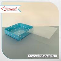 12x12x3 Altı Mavi Zemin Beyaz Puantiyeli Karton Üstü Asetat Kutu