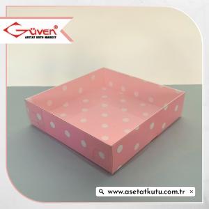 12x12x3 Altı Pembe Zemin Beyaz Puantiyeli Karton Üstü Asetat Kutu