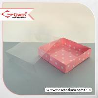 12x12x3 Altı Pembe Zemin Beyaz Puantiyeli Karton Üstü Asetat Kutu