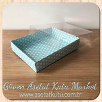 12x15x3 Altı Mavi Zemin Beyaz Puantiyeli Karton Üstü Asetat Kutu