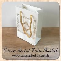12x17x7 Ölçülü Beyaz Üzerine Gold Saray Desenli Karton Çanta