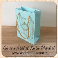 12x17x7 Ölçülü Mavi Üzerine Gold Saray Desenli Karton Çanta
