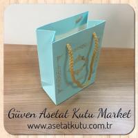 12x17x7 Ölçülü Mavi Üzerine Gold Saray Desenli Karton Çanta