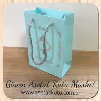 12x17x7 Ölçülü Mavi Üzerine Gümüş Saray Desenli Karton Çanta