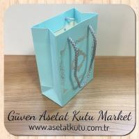 12x17x7 Ölçülü Mavi Üzerine Gümüş Saray Desenli Karton Çanta
