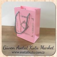 12x17x7 Ölçülü Pembe Üzerine Gümüş Saray Desenli Karton Çanta