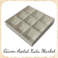 [9 Bölmeli] 15x15x3 Altı Beyaz Karton Üstü Asetat Kutu