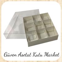 [9 Bölmeli] 15x15x3 Altı Beyaz Karton Üstü Asetat Kutu