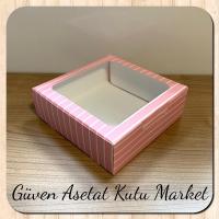 15x15x5 Pembe Beyaz Çizgili, Pencereli Karton Kutu