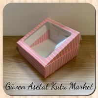 15x15x5 Pembe Beyaz Çizgili, Pencereli Karton Kutu