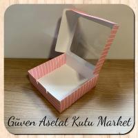 15x15x5 Pembe Beyaz Çizgili, Pencereli Karton Kutu