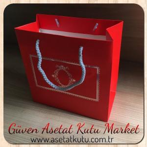 20x20x10 Ölçülü Kırmızı Üzerine Gümüş Kilim Desenli Karton Poşet