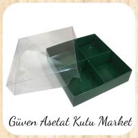 [4 Bölmeli] 20x20x3 Altı Yeşil Karton Üstü Asetat Kutu