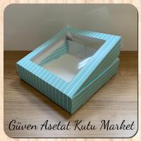 20x20x5 Mavi Beyaz Çizgili, Pencereli Karton Kutu