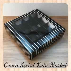 [16 Bölmeli] 20x20x5 Siyah Beyaz Çizgili Pencereli Karton Kutu