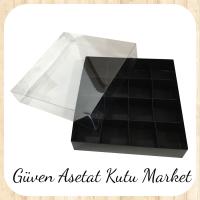 [16 Bölmeli] 25x25x5 Altı Mat Siyah Karton Üstü Asetat Kutu