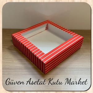 25x25x5 Kırmızı Beyaz Çizgili Pencereli Karton Kutu