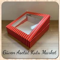 25x25x5 Kırmızı Beyaz Çizgili Pencereli Karton Kutu