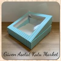 25x25x5 Mavi Beyaz Çizgili Pencereli Karton Kutu 