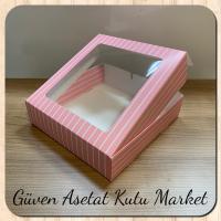 25x25x5 Pembe Beyaz Çizgili Pencereli Karton Kutu 