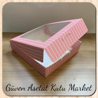 25x25x5 Pembe Beyaz Çizgili Pencereli Karton Kutu 
