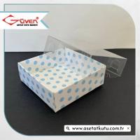 6x6x2.5 Altı Mavi Puantiyeli Karton Üstü Asetat Kutu [Dıştan Kapanan]