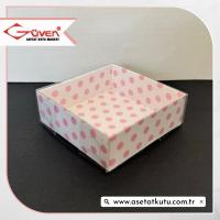 6x6x2.5 Altı Pembe Puantiyeli Karton Üstü Asetat Kutu [Dıştan Kapanan]