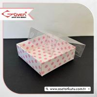 6x6x2.5 Altı Pembe Puantiyeli Karton Üstü Asetat Kutu [Dıştan Kapanan]