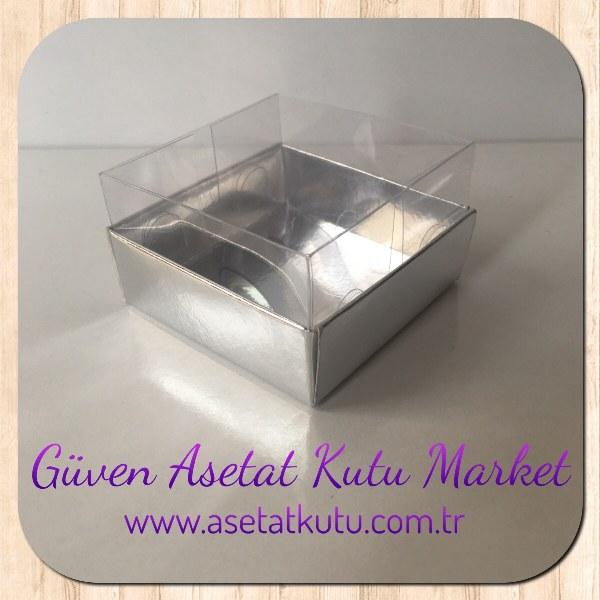 6x6x3.5 Altı Gümüş Metalize Karton Üstü Asetat Kutu