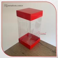 7x7x14 Kırmızı Çift Taraflı Karton ve Asetat Kutu
