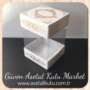8x8x12 Asetat, Çift Taraflı Beyaz Üzerine Gold Saray Desenli Kutu