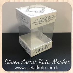 8x8x12 Asetat, Çift Taraflı Beyaz Üzerine Gümüş Saray Desenli Kutu