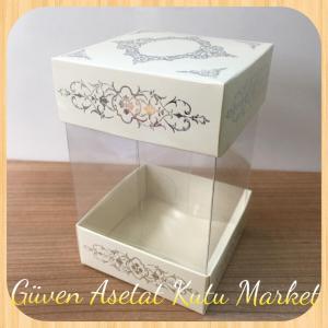 8x8x12 Asetat, Çift Taraflı Krem Üzerine Gümüş Saray Desenli Kutu