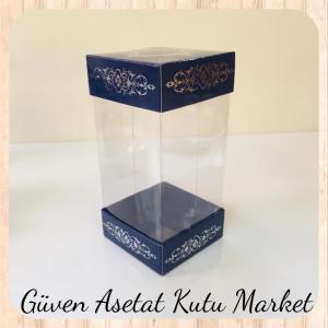 8x8x12 Asetat, Çift Taraflı Lacivert Üzerine Gümüş Saray Desenli Kutu