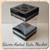 8x8x12 Asetat, Çift Taraflı Siyah Üzerine Gümüş Kilim Desenli Kutu