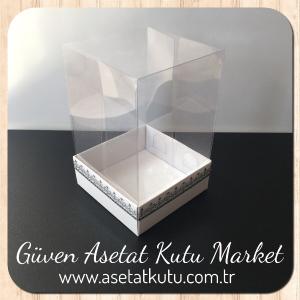 8x8x12 Asetat, Tek Taraflı Beyaz Üzerine Gümüş Kilim Desenli Kutu