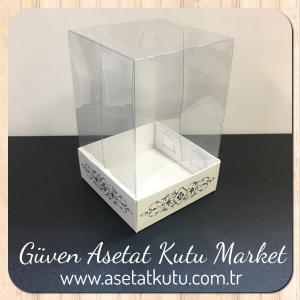 8x8x12 Asetat, Tek Taraflı Beyaz Üzerine Gümüş Saray Desenli Kutu