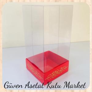 8x8x12 Asetat, Tek Taraflı Kırmızı Üzerine Gold Saray Desenli Kutu