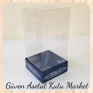 8x8x12 Asetat, Tek Taraflı Lacivert Üzerine Gümüş Saray Desenli Kutu